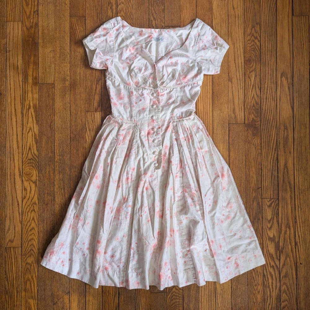 Vintage 50's 60's Pink & White Floral A-line Summer Day Dress